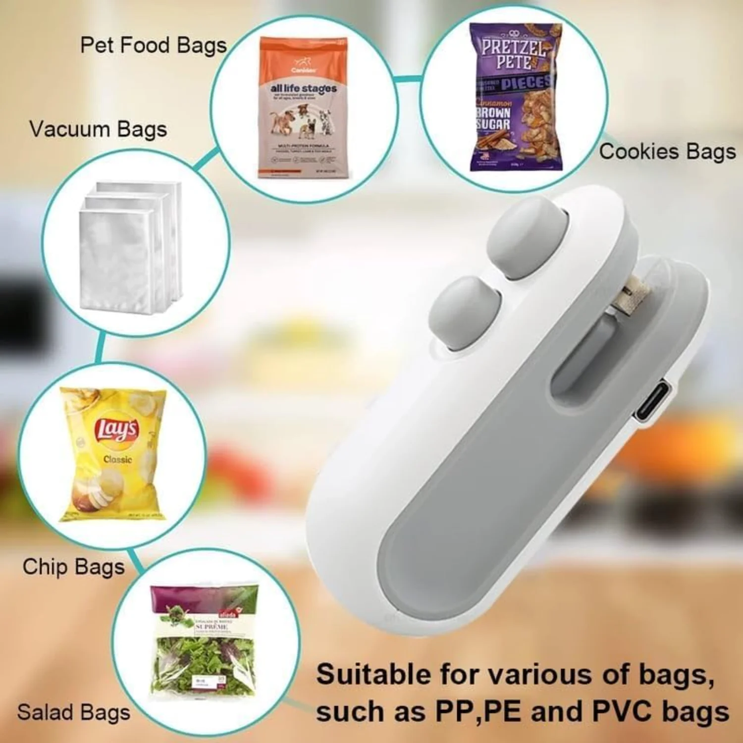 Mini Bag Sealer, 2 in 1 Usb Portable  Rechargeable Vacuum Rechargeable Chip Bag Sealer Heat Seal for Snacks Chips Fresh