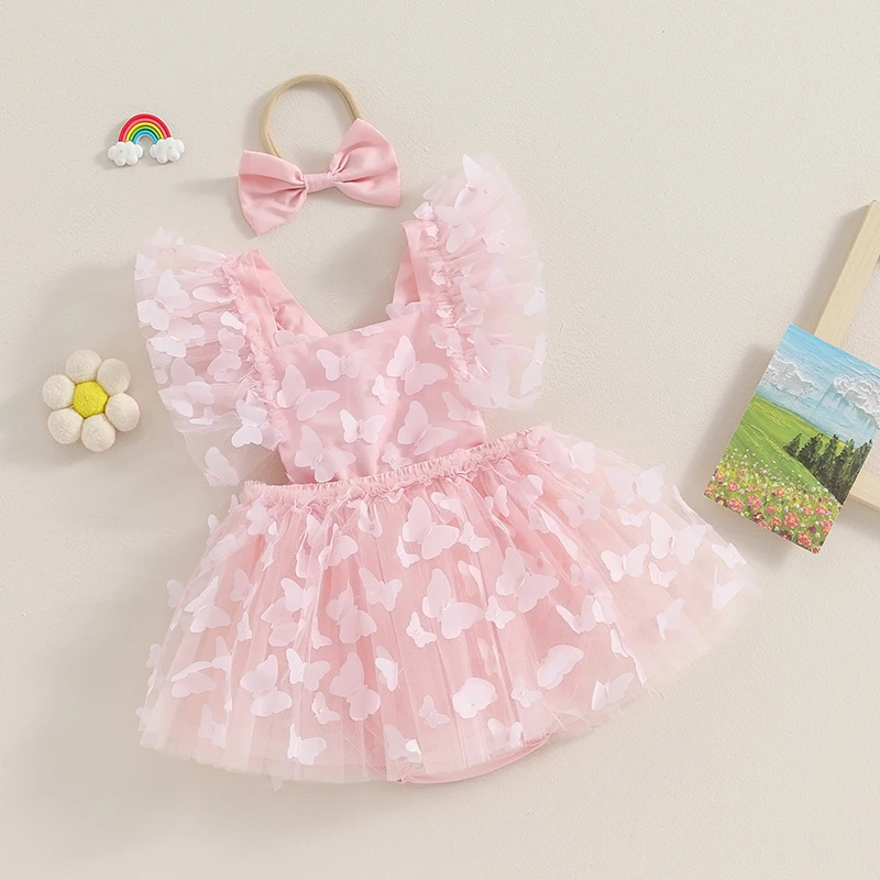 

Newborn Baby Girls Floral Print Ruffle Sleeve Romper Dress with Matching Headband and Bow Detail - Summer Outfit for Infants