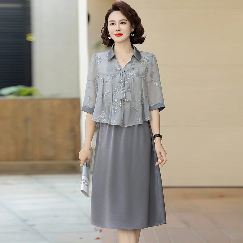 

Летнее платье Ele для женщин среднего возраста: модное, в китайском стиле, миди-платье свободного кроя из смесового полиэстера с воротником