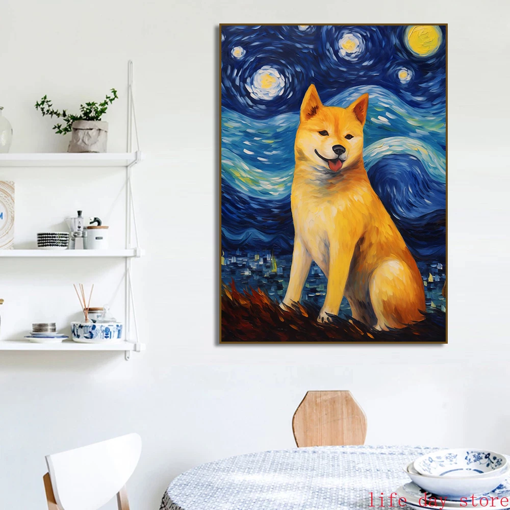 Funny Dogs Starry Night Van Gogh Canvas Painting Abstract Print LabradorFrench Bulldog  Posters Wall Art Pictures Home Decor