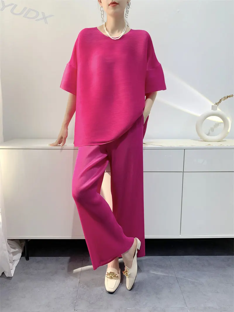 

YUDX 2023 Summer New Miyake Pleated Solid Color Suit Women Loose Thin Top + Toothpick Straight Pants Nine-point Wide Leg Pants