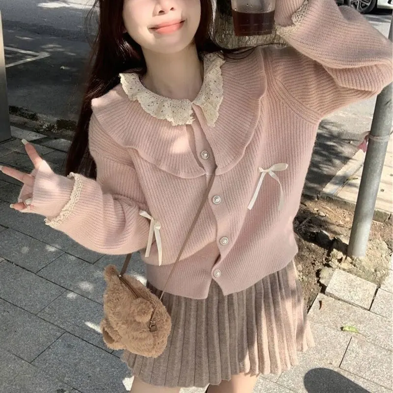 Sweet Doll Collar Lace Spliced Sweaters Autumn Winter New Fashion Bow Women\'s Clothing Long Sleeve Casual Loose Knitted Cardigan