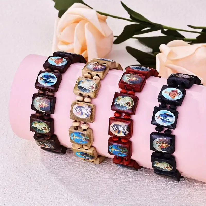 Wooden Rosary Bracelet Elegant Religious Icon Stickers Drip Oil Finish Spiritual Beaded Prayer Religious Jewelry