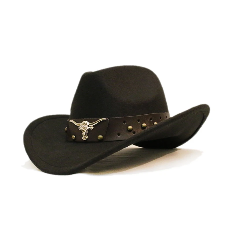 Retro Bull Ox Head Rivet Leather Band Unisex Women Men /Kid Child Wool Wide Brim Sun Cowboy Western Hat Cowgirl Cap 54-57-61cm