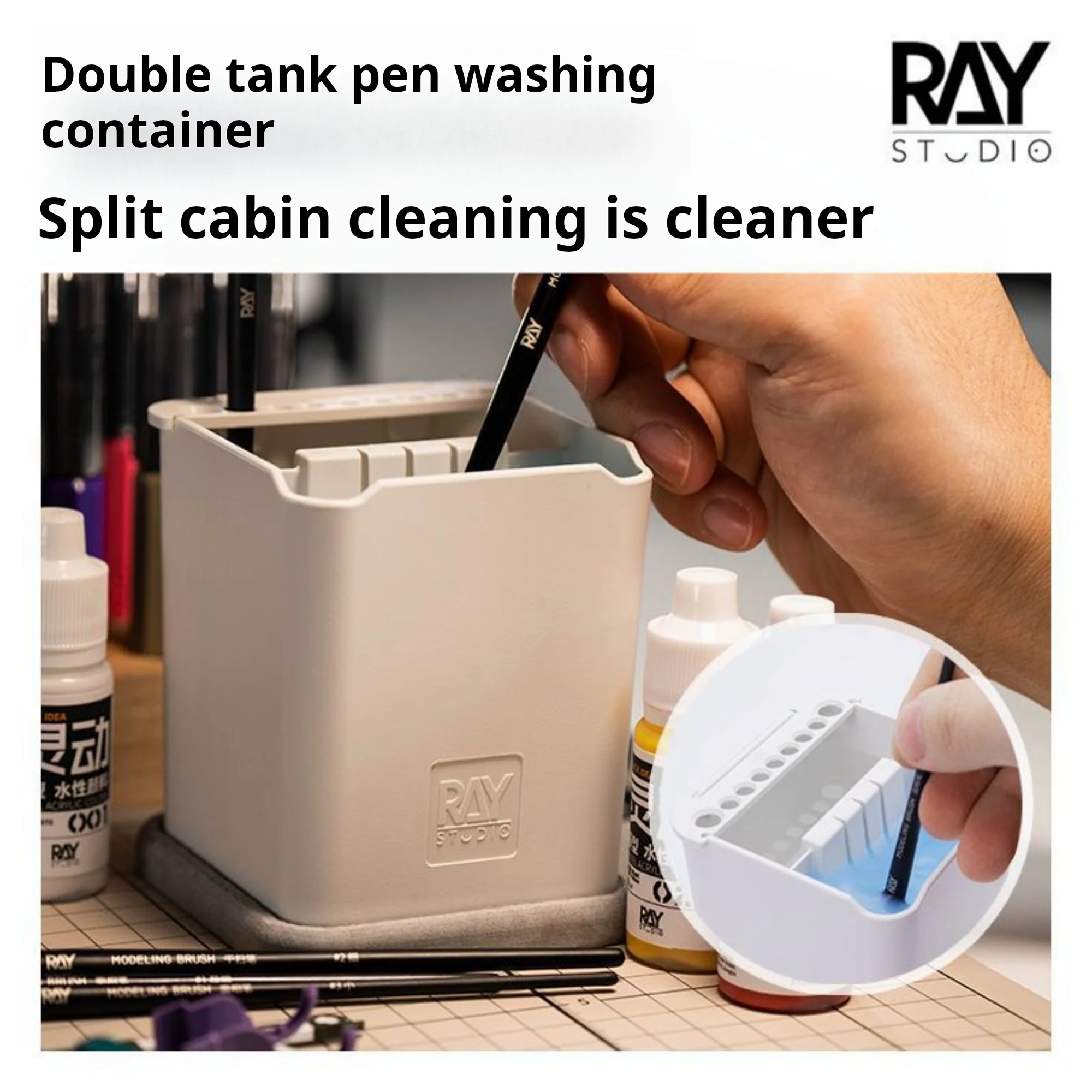 

RAYSTUDIO 2 in1 Dual Compartment Brush Cleaner Pot with Absorbent Pad Holds Brushes Holder for Gundam Model Painting for Artists