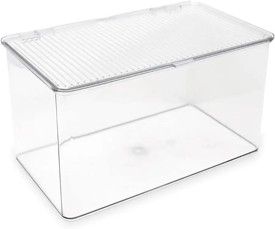 

Large Stackable Organizer Bin (10.75” x 6.5” x 6.1”) w Hinged Lid Clear Storage Box Home Office School Fridge Bathroom Kit