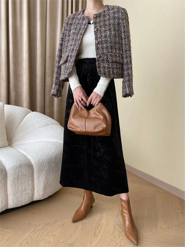 Mixed color woven tweed coat Spring/fall women's classic one-piece jacket short