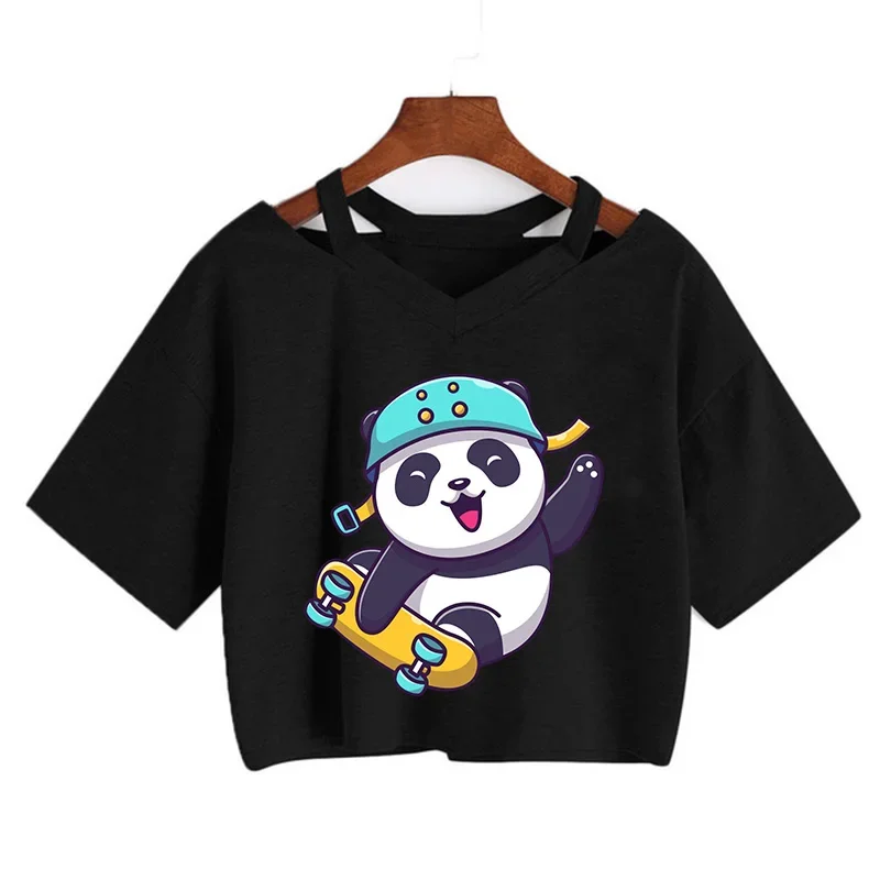 Kawaii Crop Tops for Girls Cute Korean Style T-shirt Women Panda Milk Tea Graphic T Shirt Cartoon Harajuku Y2k Tee Tshirt Female