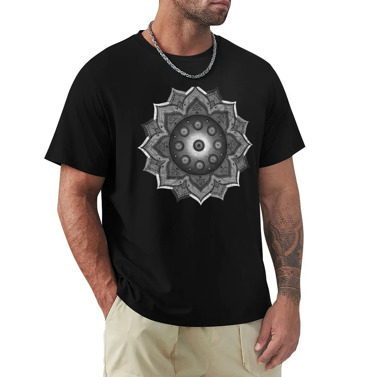 Handpan - Hang Drum Mandala solo - black grey white T-Shirt custom shirt Aesthetic clothing graphic tees for men