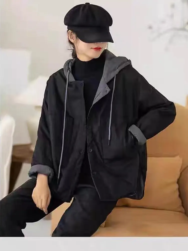 

Trendy Cotton Jaet Women's plus Size Hooded Design Sensation Autumn Winter Faionable Outerwear Korean Sle Straight Cut