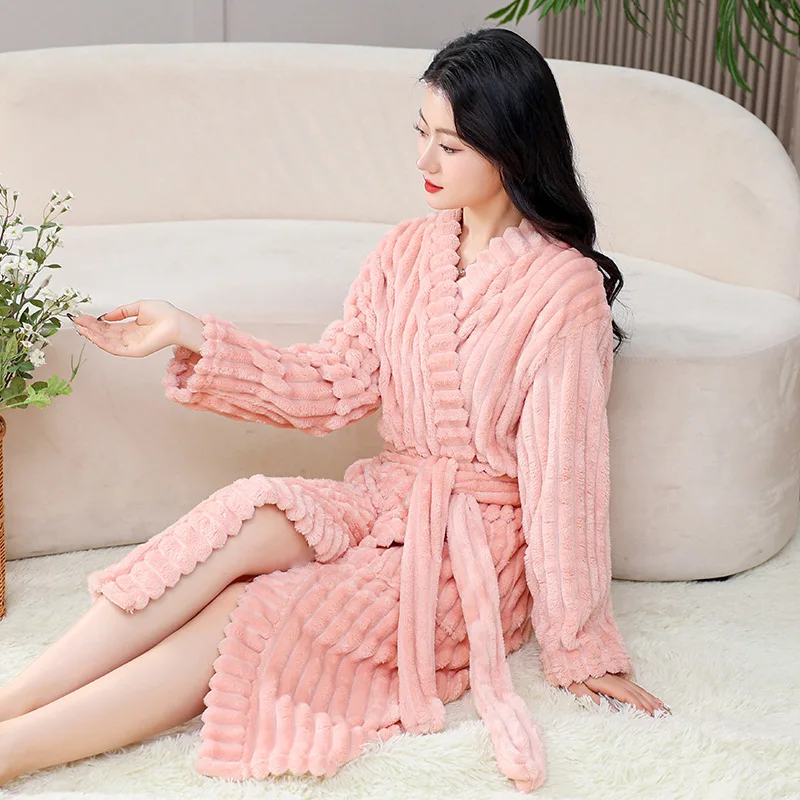 Long Sleeve Coral Bathrobe Women's Wearable Bath Towel Absorbent Thick Warm Soft Winter Home Use Nightgowns
