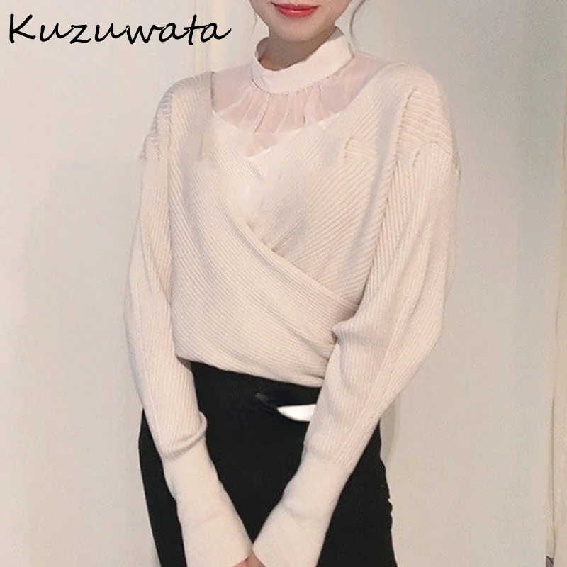 2022 Autumn New Jumper Sexy Off Shoulder Shirts Patchwork Fake Two Short Knitting Pullover Japanese Sweet Sweater Women