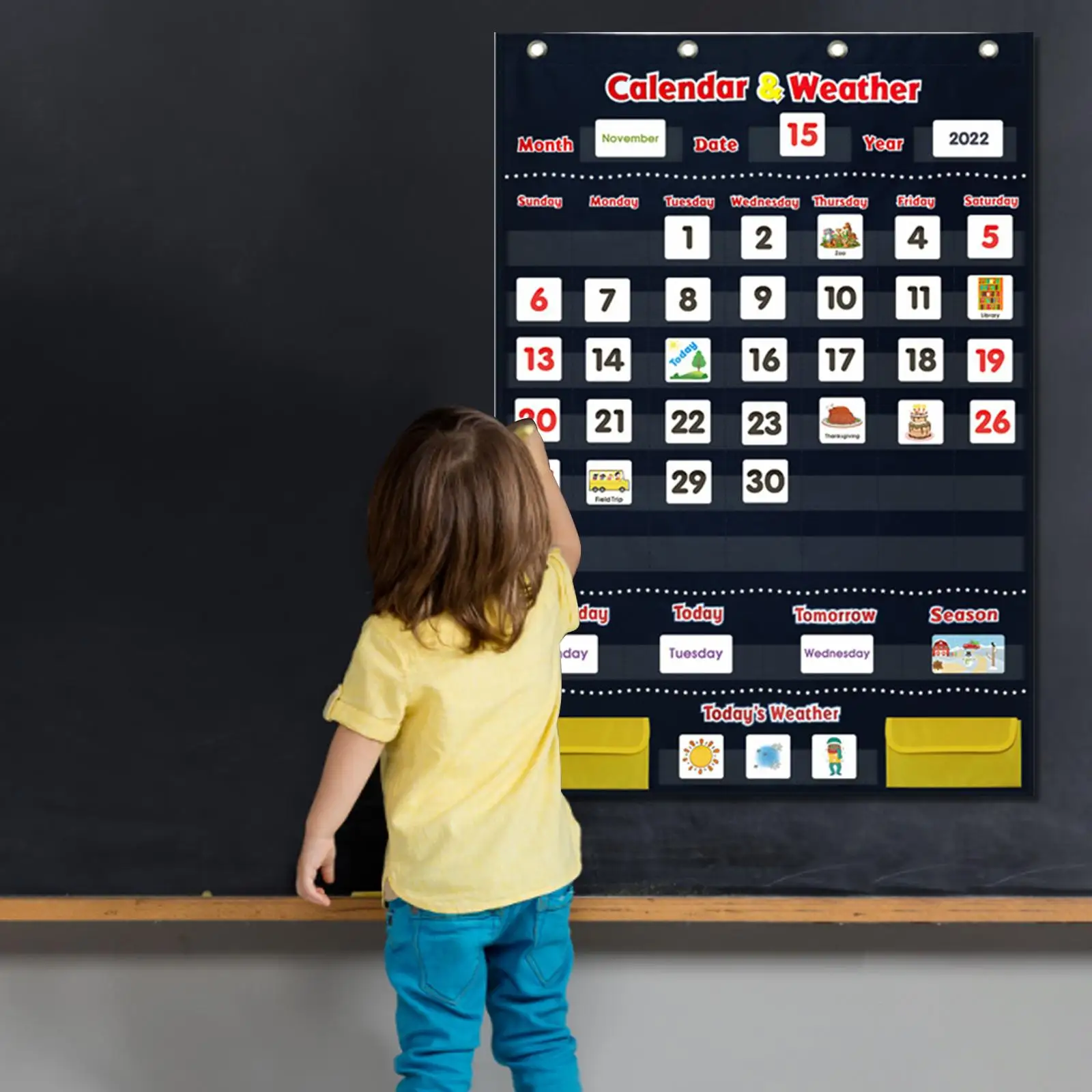 Calendario per bambini e giocattoli educativi meteorologici e calendario da parete a 4 ganci Calendario da 44x27" per la scuola materna a casa