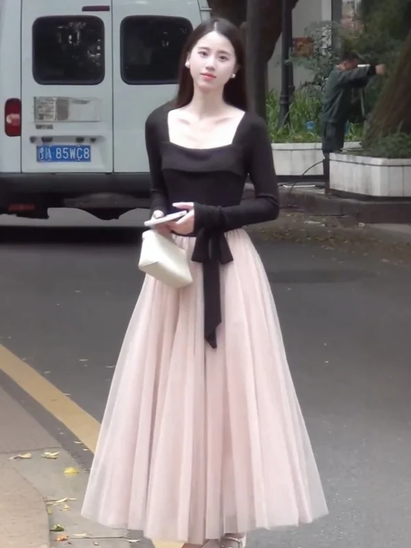 

Уникальная длинная юбка Ele Color Blo с тюлевым верхом, приталенная, из смесового хлопка, для осени и зимы, в модном французском стиле