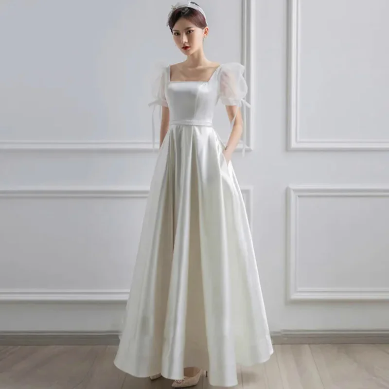 

White Satin Wedding Dresses for Bride Formal Elegant Puff Sleeve Evening Guest Long Party Summer Dress Women Formal Dresses