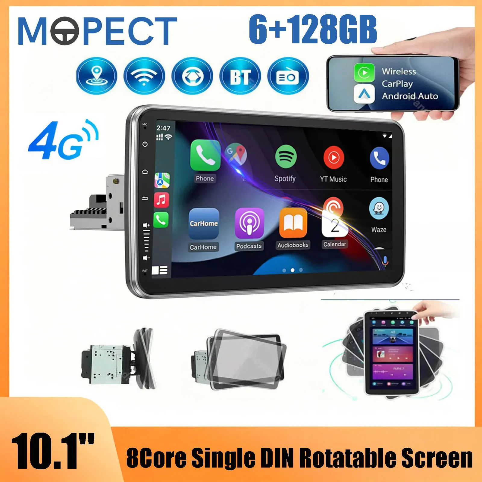 MOPECT Universal 10,1 Zoll Drehbares Single-DIN Autoradio Stereo Android 15 6+128GB Carplay Android Auto 4G WIFI 8-Kern Multimedia-Player BT FM AM RDS SWC GPS NAVI QLED Kamera & DAB+