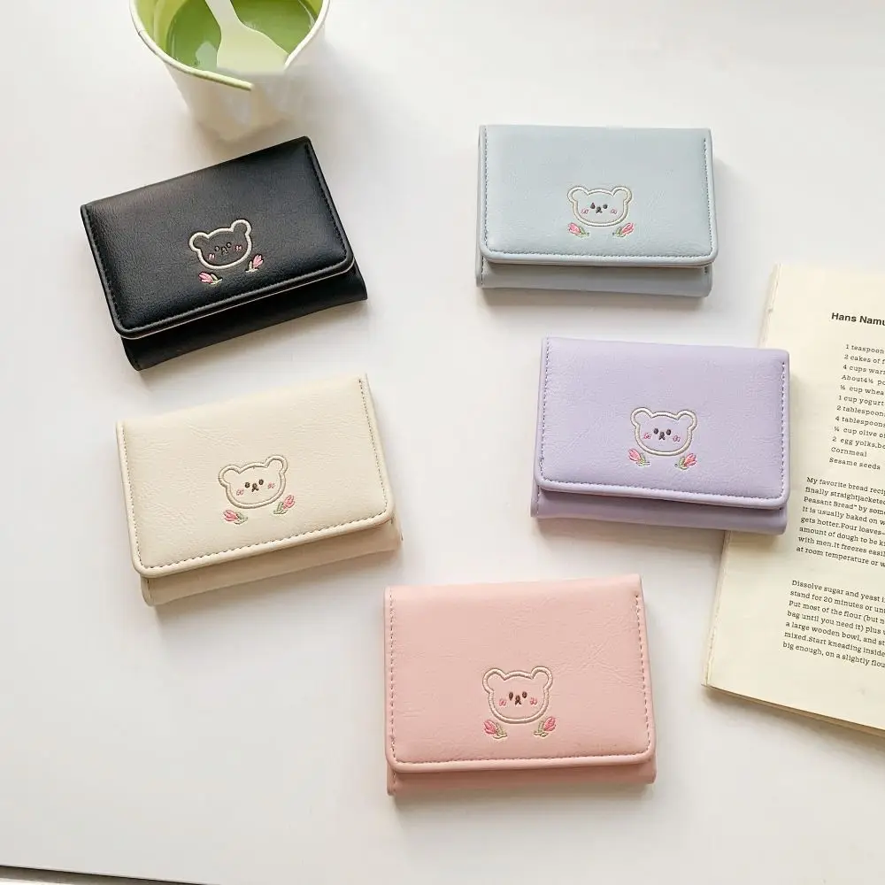 

Kawaii Cute Tri-Fold Purses Portable Multiple Card Slot Women Card Holder Candy Color PU Leather Bear Short Wallet Daily