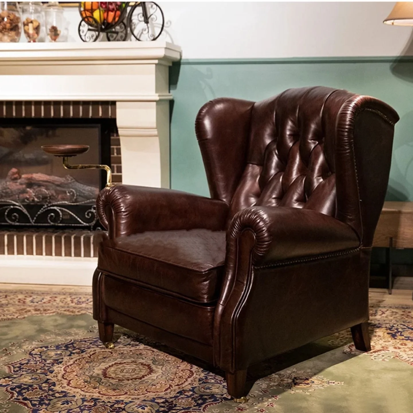 #Wingback Accent Chair Oil Wax Leather Tufted Backrest Scroll Arms Brass Caster Wheels Classic Traditional Living Room Furniture