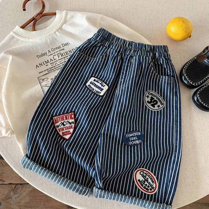 Kids Denim Pants Autumn New Boy Striped Straight Trousers Fashionable Little Child Handsome Casual Wide Leg Jeans Good-looking
