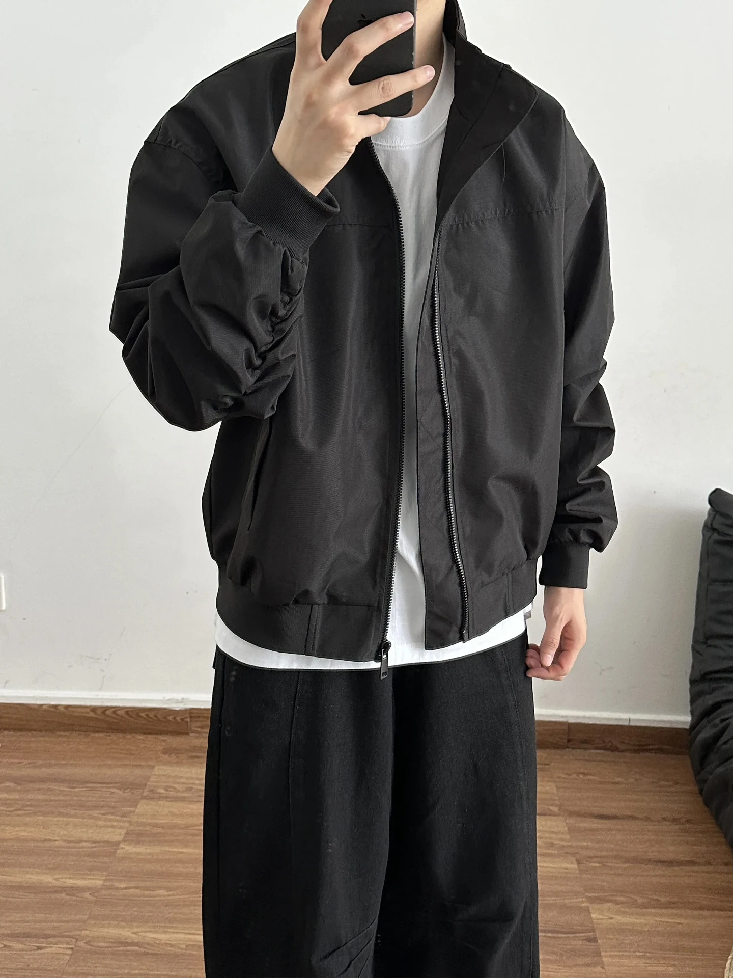 American Style Short Flight Jacket Men's Autumn Cleanfit Stand Collar Shoulder Width Outdoor Three-proof Fleece-lined Coat