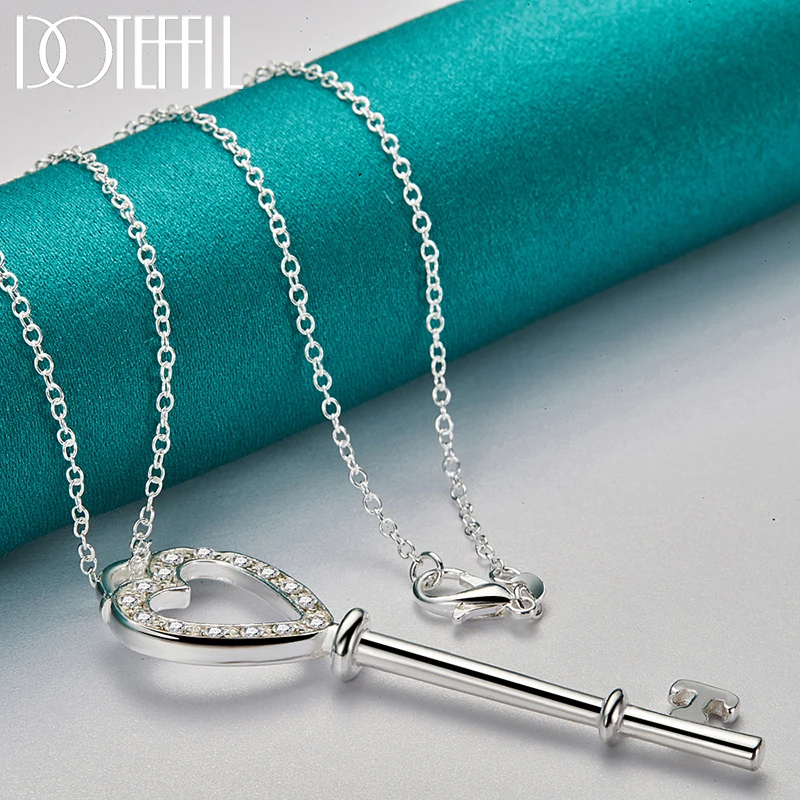 DOTEFFIL 925 Sterling Silver AAA Zircon Heart Key Pendant Necklace 18-30 Inch Chain For Woman Fashion Wedding Engagement Jewelry