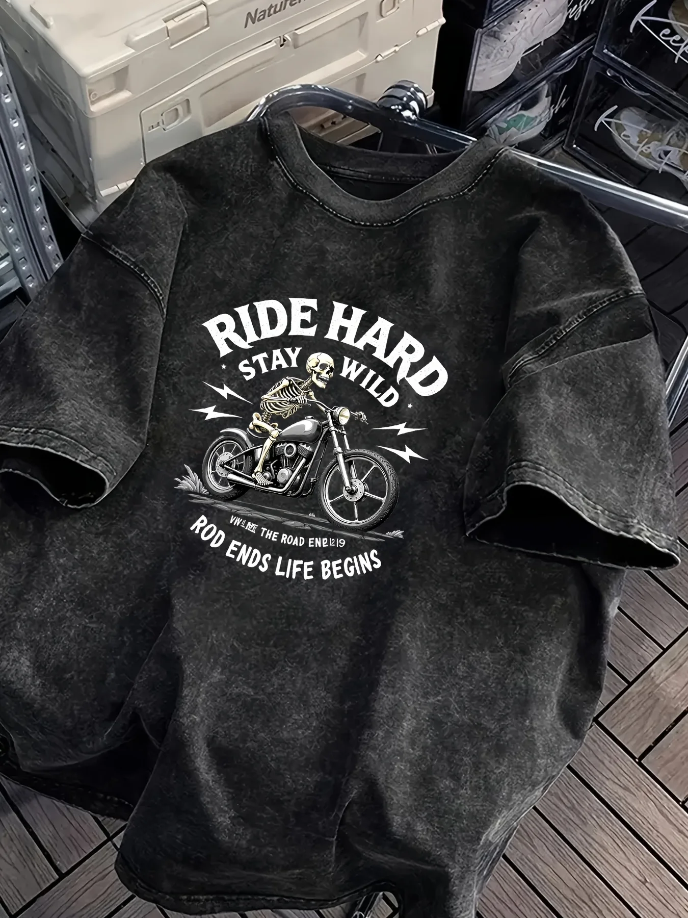 Summer Men's Trend RIDE HARD STAY WILD Letter Skull Motorcycle Print Retro Distressed 100% Cotton Washed T-Shirt Street Style