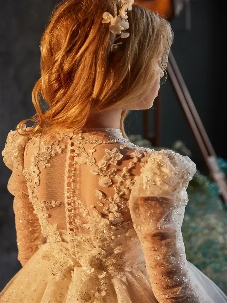 Luxury White Sequins Printing Flower Girls Dress For Wedding Party Butterfly Baptism Gowns Tulle High Neck Kids Birthday Dresses