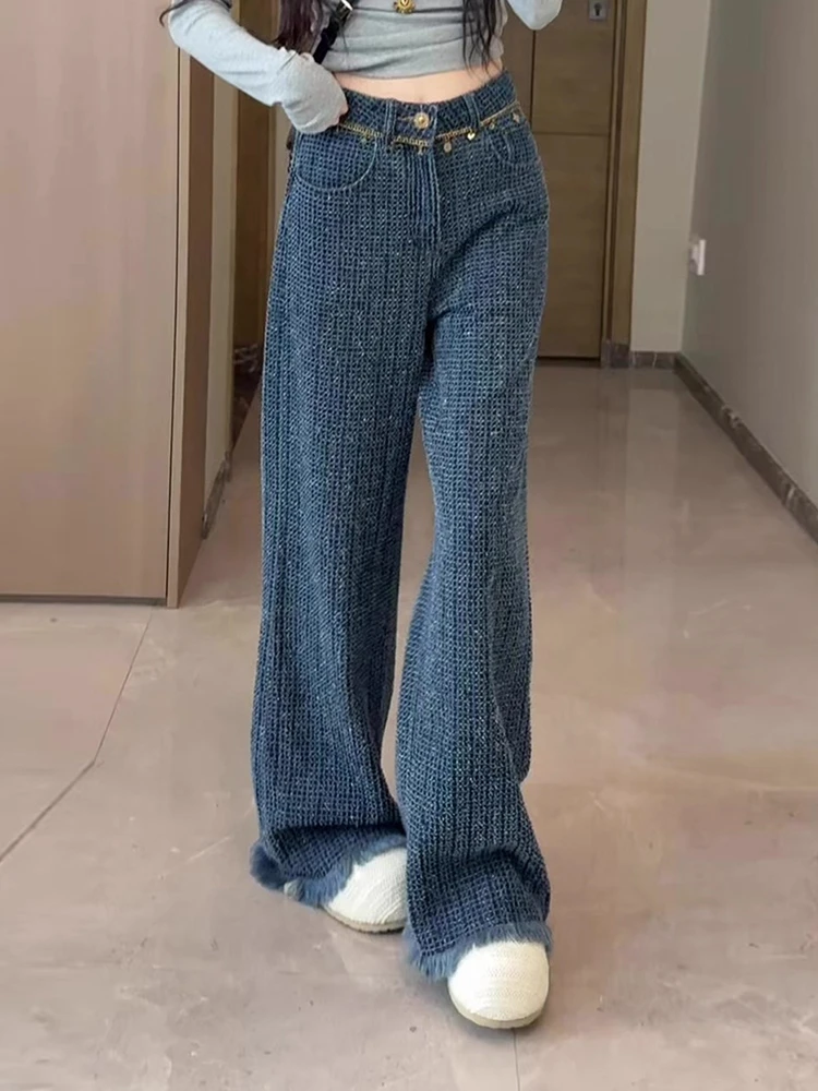 

Laid-ba Sle Plaid Frayed Hem Denim Jeans Women's plus Size Slimming Drapey Straight Leg Pants Autumn New Arrival