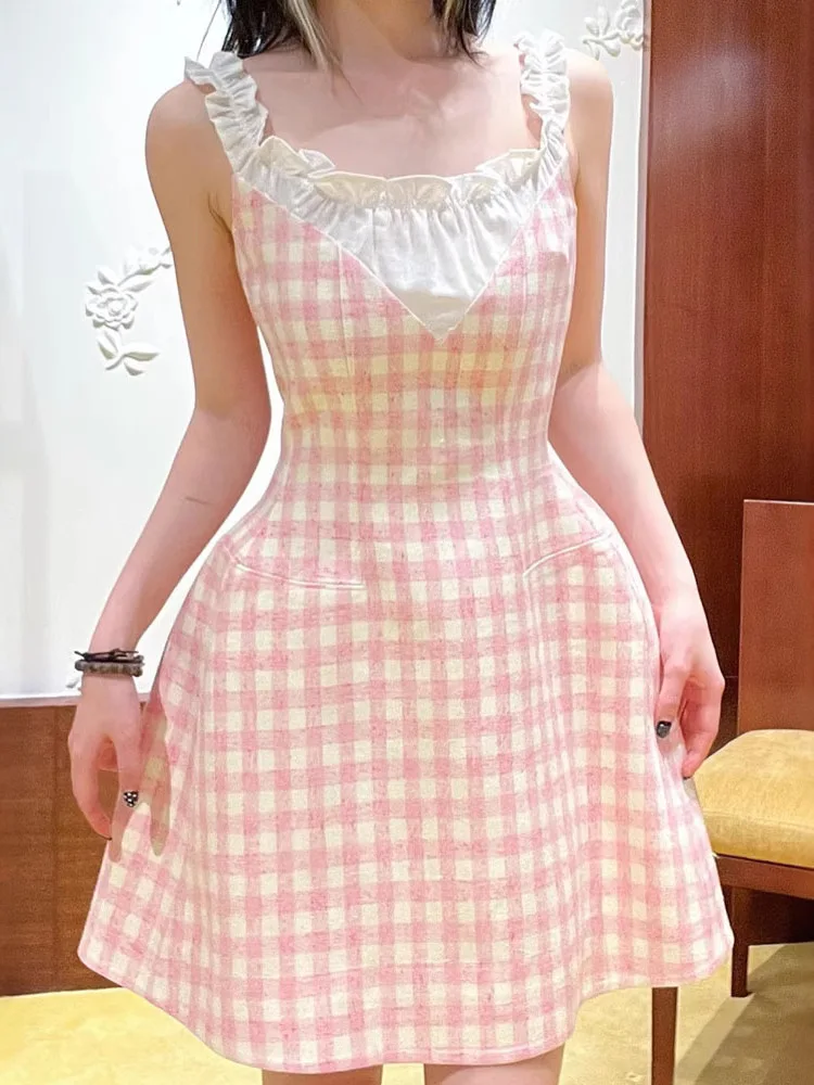 

Retro Patchwork Lace Collar Dress Versatile High Waist A-Line Skirt Wool Blend Summer Dress for Women Sweet Style