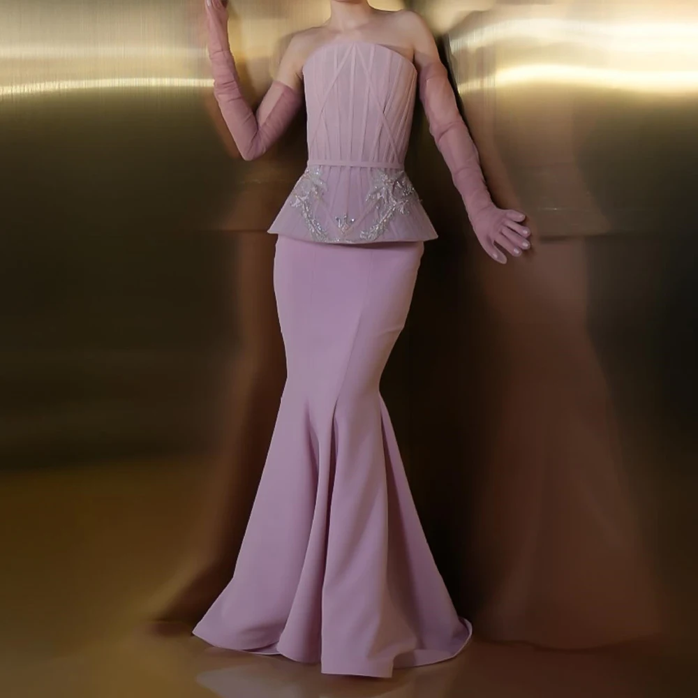 

Customized A-line Evening Dresses Floor-length Strapless Full Sleeve Prom Gown Fashion Sequined Simple Draped Casual Party Gown