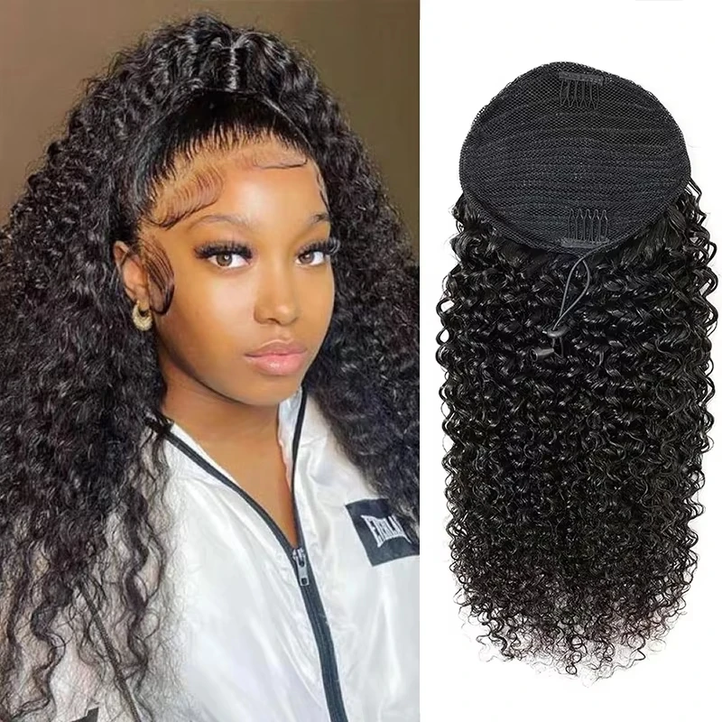 Kinky Curly Ponytail Human Hair Extension Real Human Hair Water Wave Wrap Around Drawstring In Ponytail Natural Black