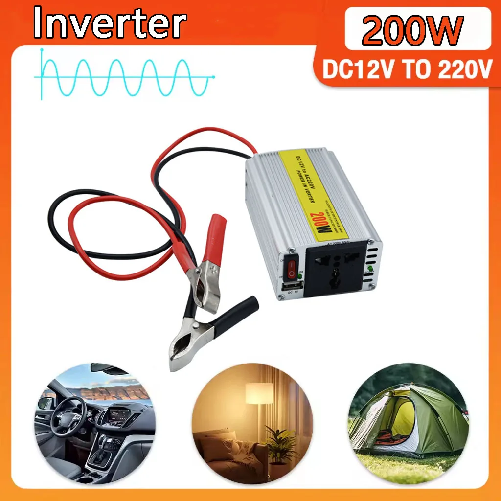 200W Portable Inverter outdoor Inverter Solar Inverter USB DC 12V to AC 220V Converter USB Battery Clip Universal Socket