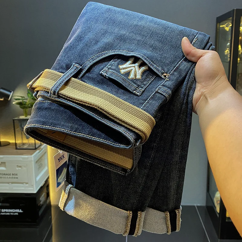 Hoge Kwaliteit Lichte Luxe Jeans Heren Mode Borduurwerk Micro Losse Elastische Nauwsluitende Enkel Gebonden Casual 2024 Nieuwe Lange Broek