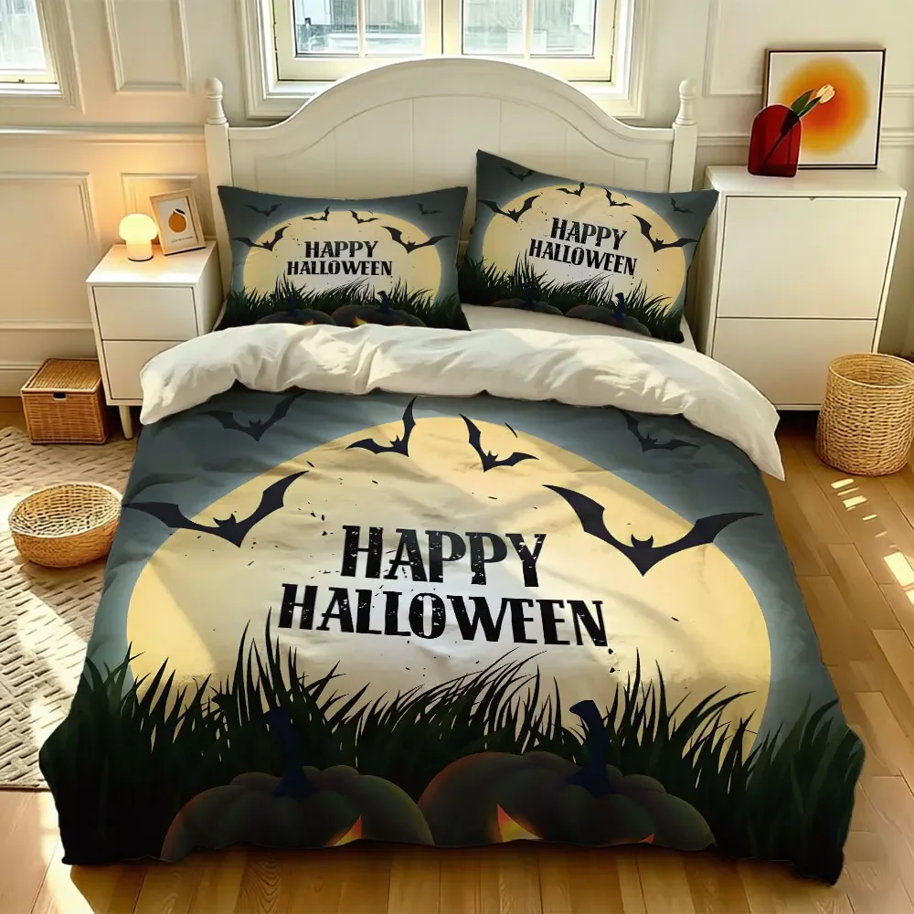 3PCS Pumpkin Bat Moon Night Happy Halloween Bedding Set with Coreless Soft Bedding Decorative and Machine-Washable