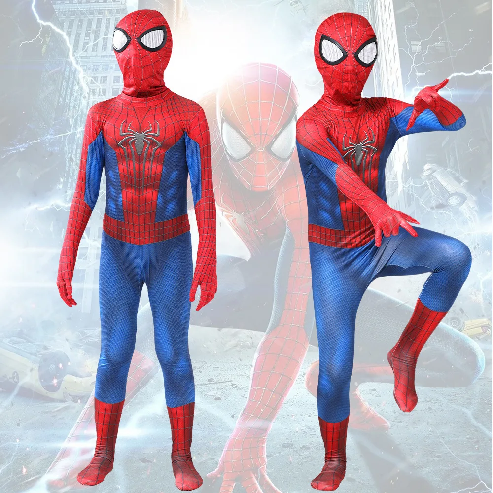 

Children Spiderman Jumpsuit Cosplay Costume Superhero Peter Parker Muscle Printing Bodysuit for Kids Adult Christmas Party Gift