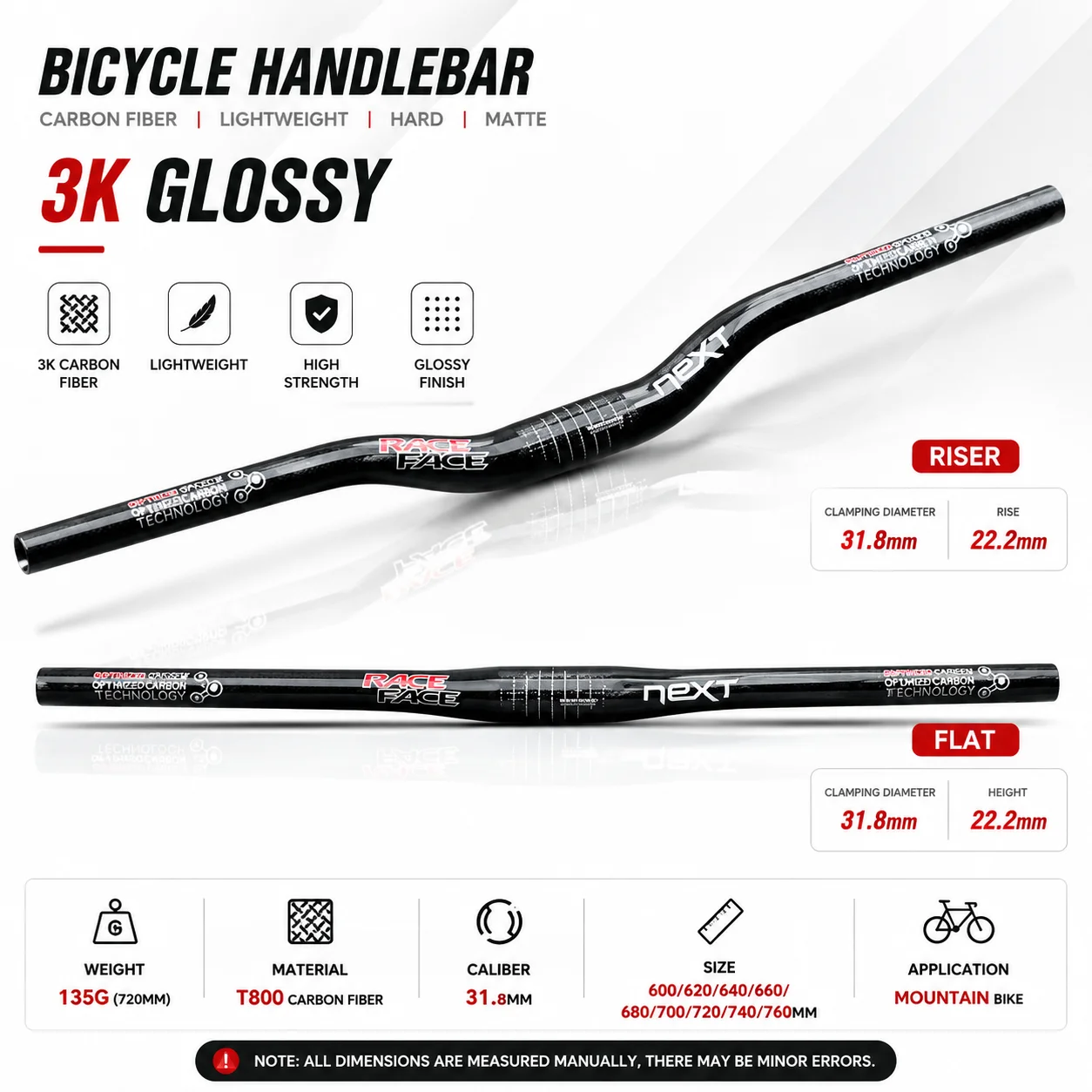 Race Face next 3K Glossy Carbon Mountain Bike Handlebar 31.8mm Diameter Flat/Rise Multiple Sizes Available 600-760mm
