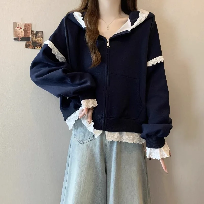 Original Workmanship Hooded Cardigan Jacket Women's plus Size Slimming High-End Lace Flower Edge Autumn Outerwear