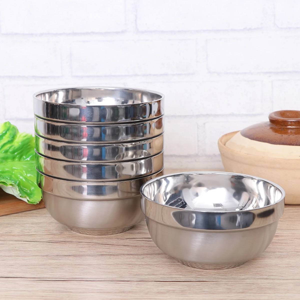 

4pcs 14Cm Double Layer Stainless Steel Anti-Hot Insulated For Child Soup Rice Bowl Korean Style Family Use Metal Soup