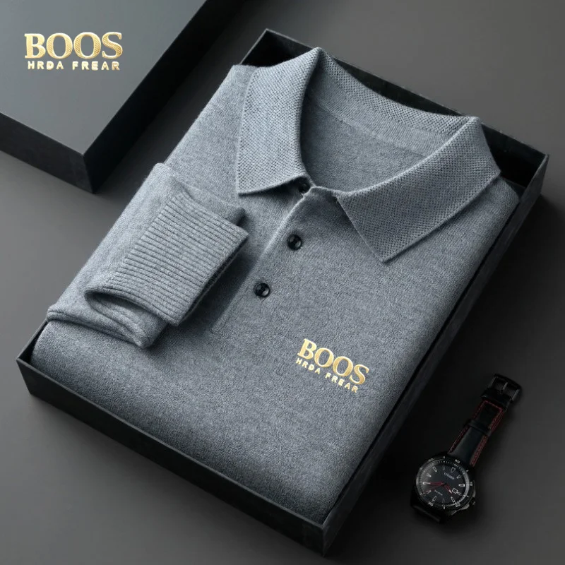 

BOOS HRDAFREAR новая осенне-зимняя мужская трикотажная рубашка-поло с шерстяным воротником и длинными рукавами, однотонная базовая рубашка среднего возраста c