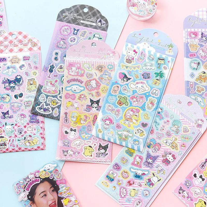 Sanrio Cute Cartoon Series Flash Film Stickers Kuromi Melody Cinnamoroll Sticker Children Guka Diy Decorative Material Wholesale