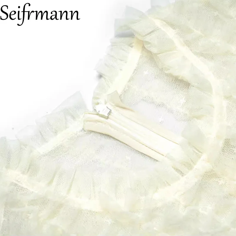 Seifrmann 2026 printemps femmes nouvelle lumière luxe et élégance col rond manches courtes maille broderie taille cintrée robe