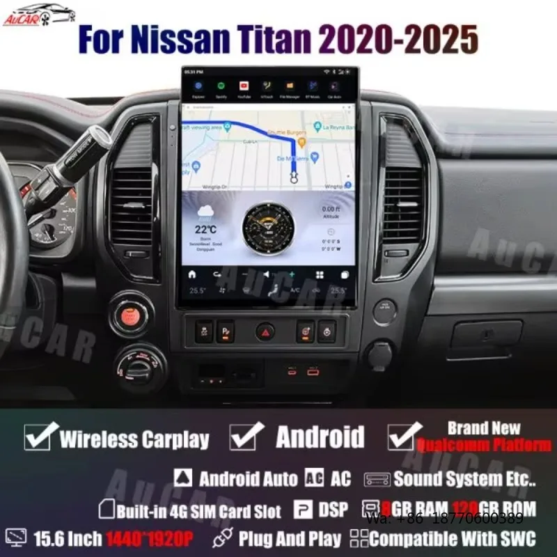 Reproductor Multimedia para Auto Aucar con Pantalla Tesla de 15.6'' y Android 13 para Nissan Titan 2020-2025, Radio, GPS, Navegación