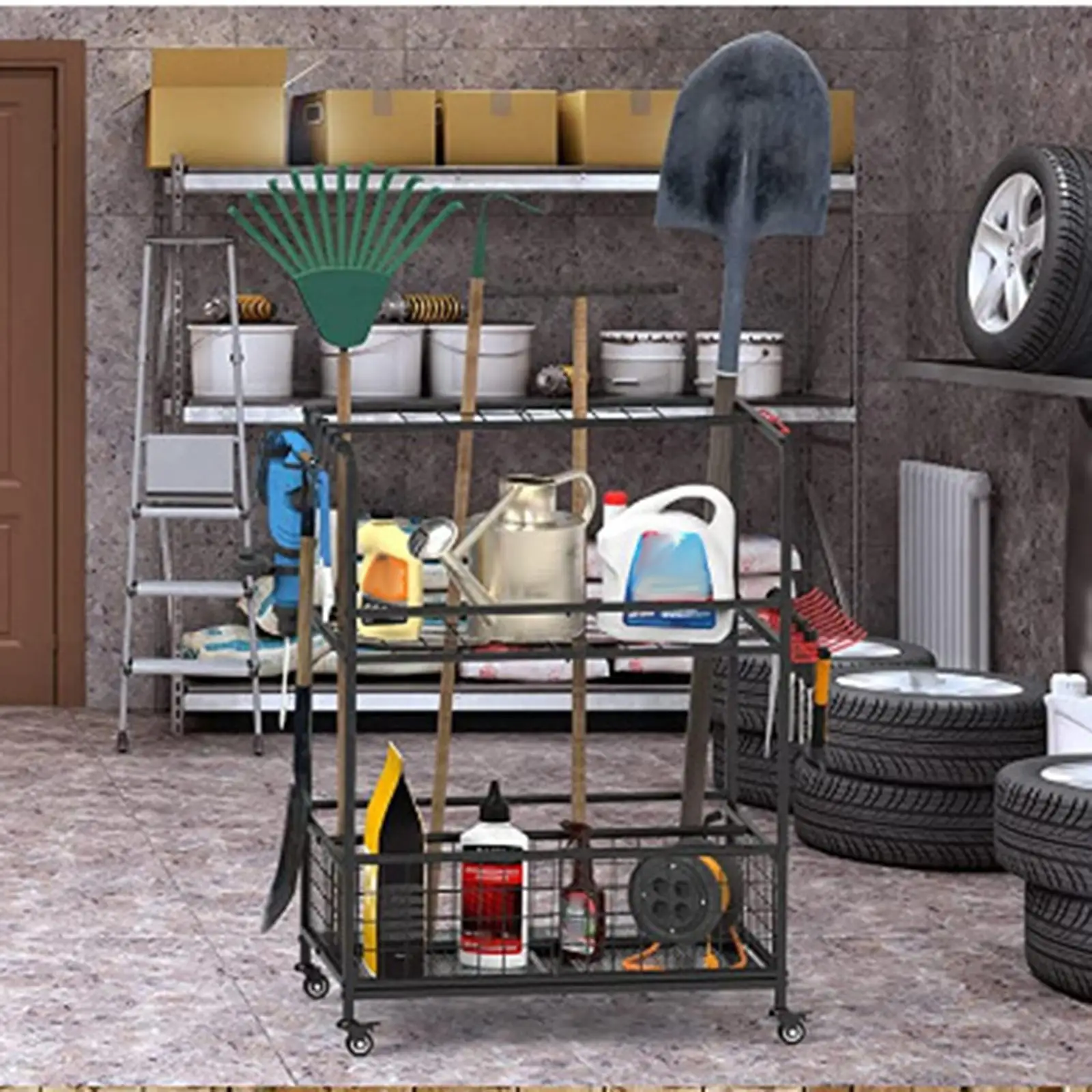 

3-х уровневый органайзер для инструментов для двора с колесами, универсальный для использования в помещении и на открытом воздухе