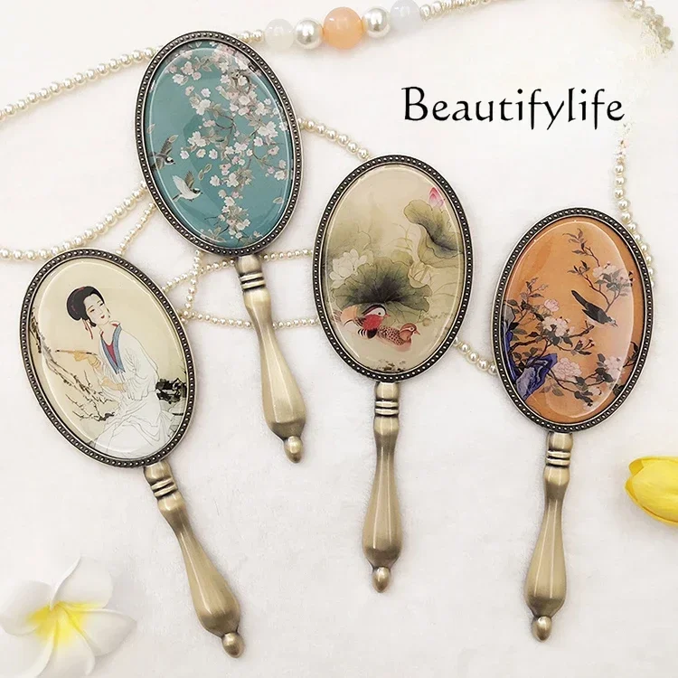 

X European-Style Retro Handle Mirror Women's Makeup Mirror Small Portable Portable Princess Handheld Mirror