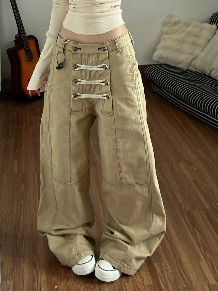 Women American Retro Palace Style Cargo Pants New Double Breasted Deconstructed Design Loose Straight Leg Casual Long Trousers