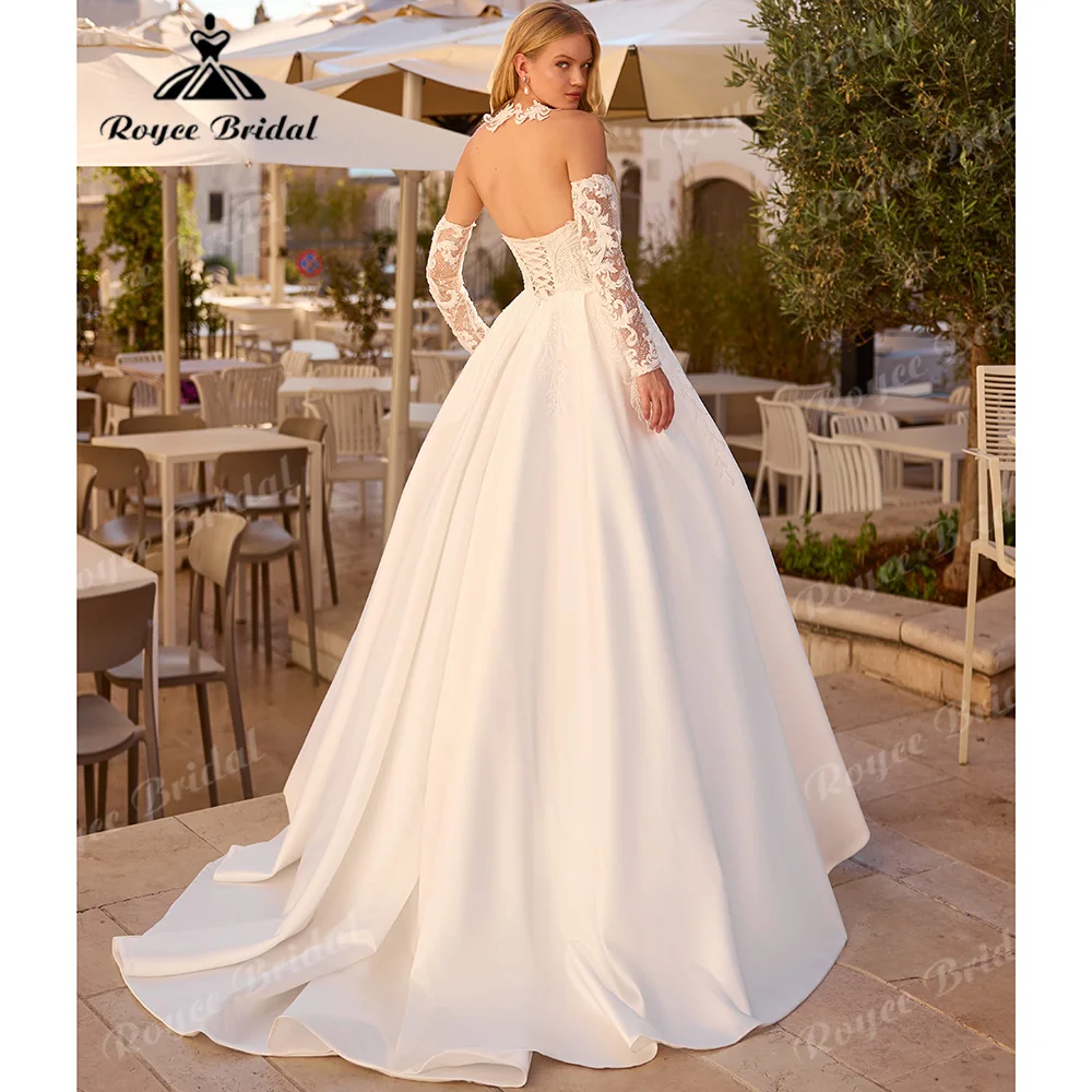 2027 Roycebridal Sweetheart Ball Gown Wedding Dress Corset Back Matte Satin SparklingLace Appliques Bridal Gown Customized