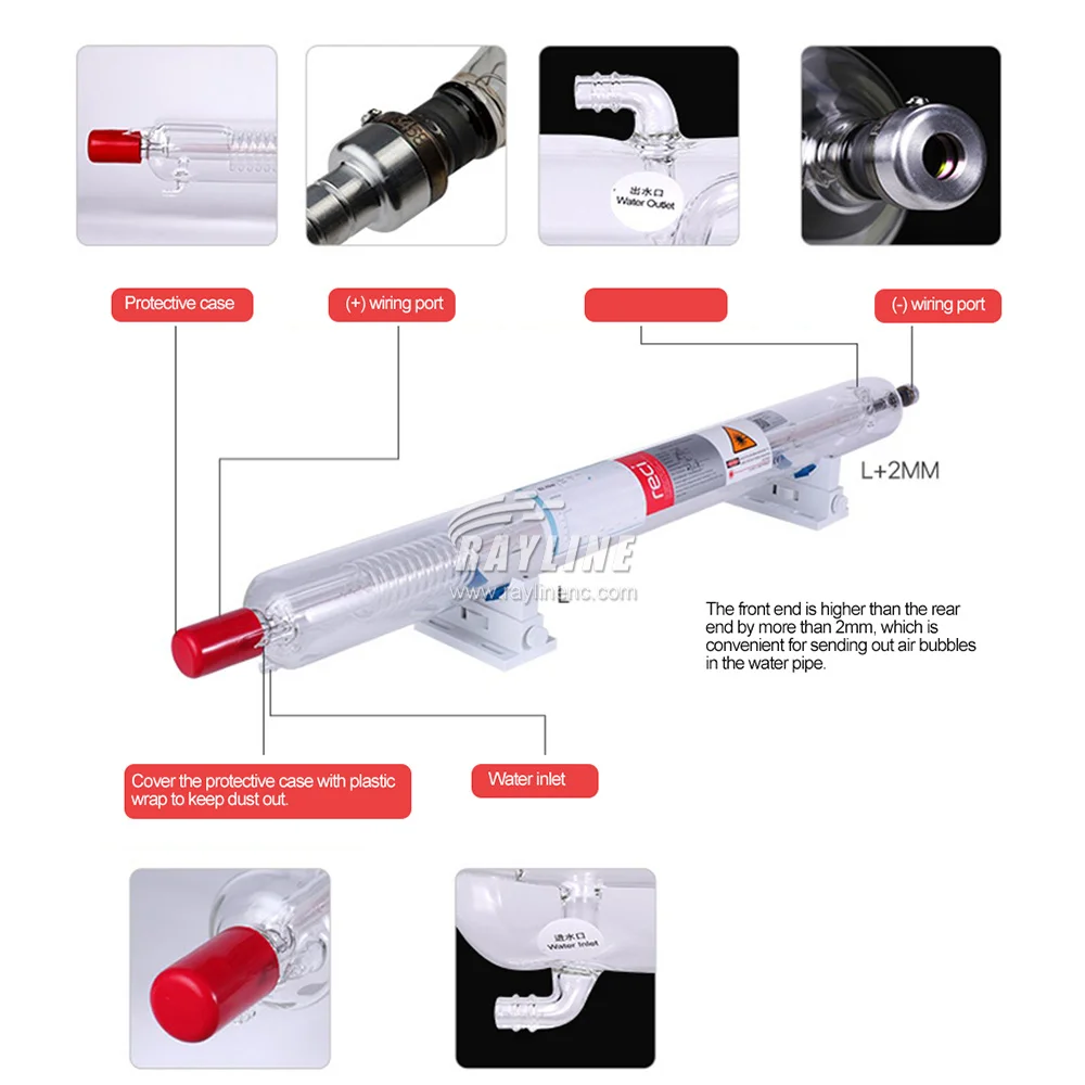 RAYLINE Reci W2/T2 90W-100W CO2 Laser Tube Wooden Box Packing Dia. 80mm/65mm CO2 Laser Engraving Cutting Machine