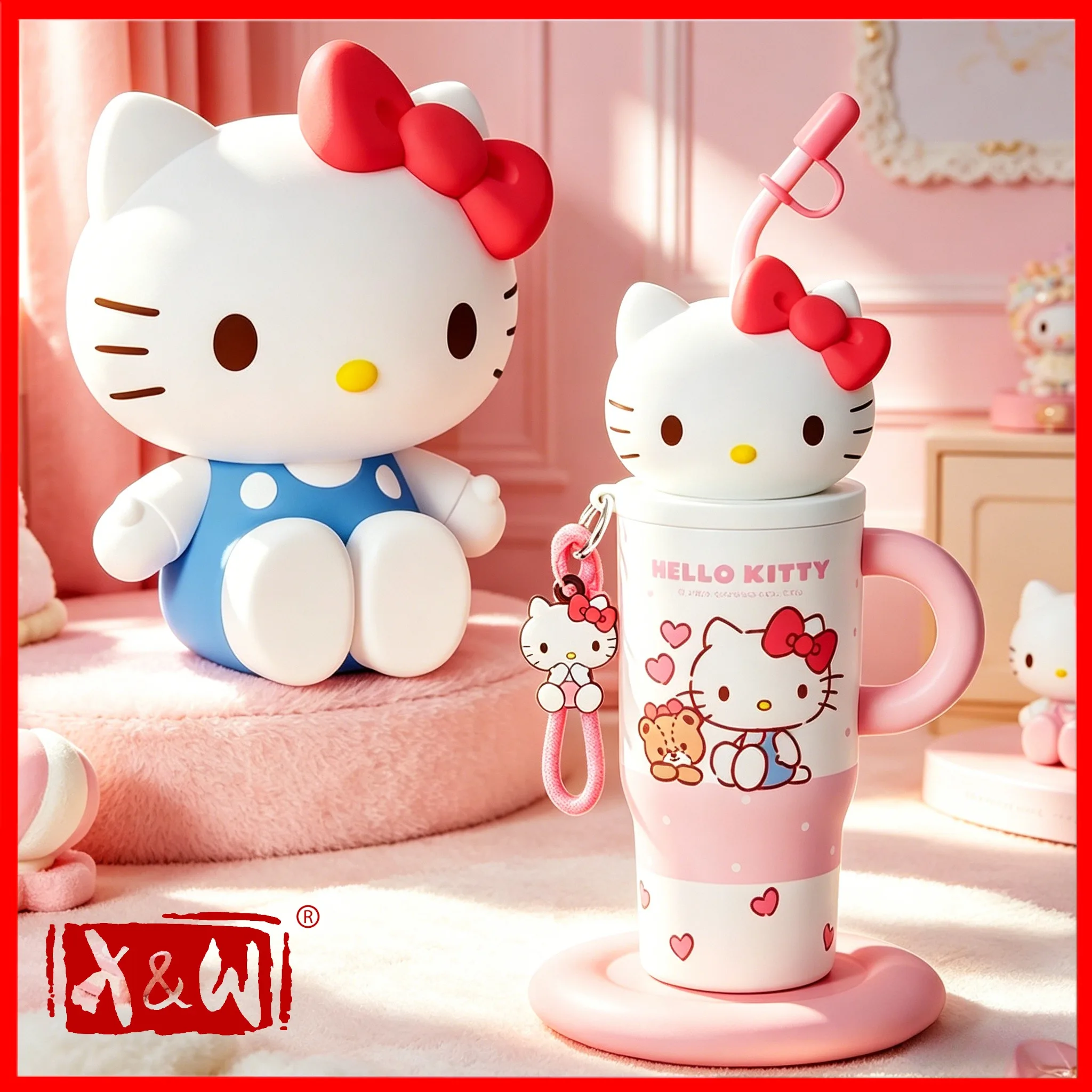 Thermos X&W 580ML Série Sanrio en acier inoxydable 316, design tête de poupée, gobelet isotherme avec paille, bouteille d'eau Hello Kitty Kuromi, Cutecup