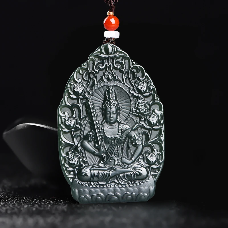 

Natural Hetian Cyan Jade Double Sided Carved Zodiac Ox and Tiger Benming Buddha Pendant Jadeite Charm Necklace Exquisite Jewelry