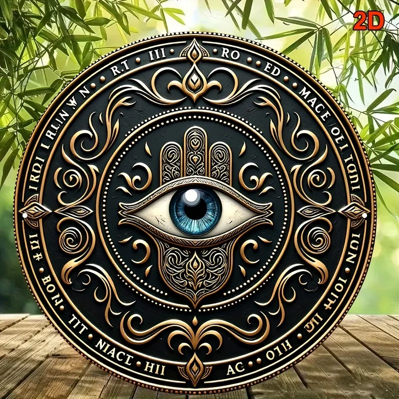 2D Embossed Hamsa Hand All Seeing Eye Round Metal Tin Sign 20x20cm Black Gold Vintage Rune Iron Plaque Witchy Bedroom Wall Decor